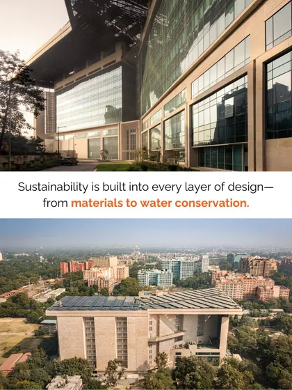 A collage showing how sustainability is built into every layer of our design, from materials to water conservation. The Atal Akshaya Urja Bhawan is a prime example of this holistic approach.