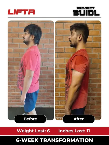The side profile of Sanjay's transformation highlights his belly fat loss and improved posture, thanks to the support of our crew.