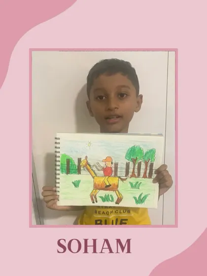 Soham's drawing shows his ability to create a full scene with a character and background, a great step in his artistic journey.