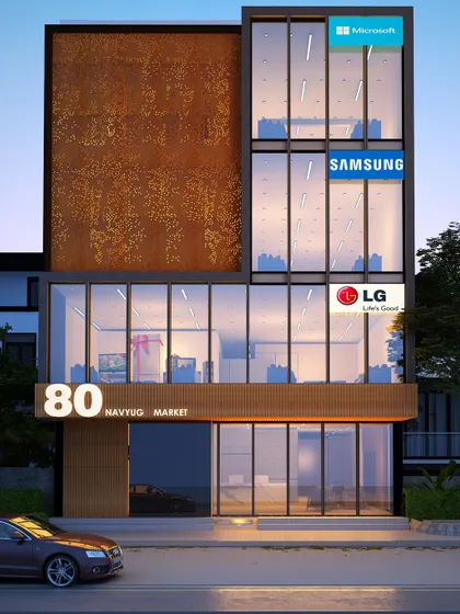 This is a 3D visualization for a modern commercial office building in Navtug Market. The design features a glass curtain wall for maximum natural light and a striking corten steel panel, creating a professional and contemporary identity for a multi-tenant corporate space.