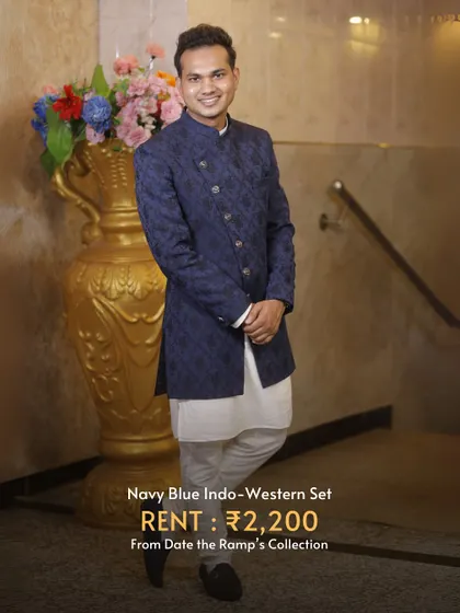A navy blue Indo-western set that is both elegant and affordable at a rental price of ₹2,200.