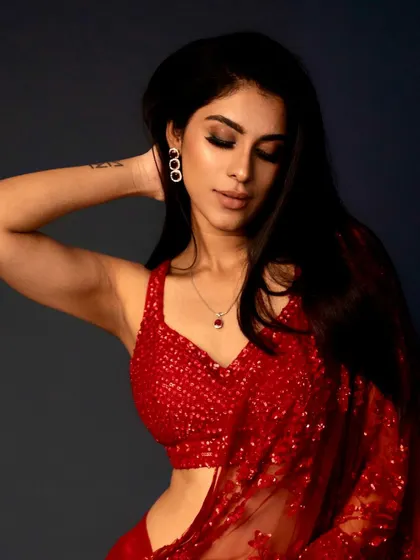 A chic and glamorous look for a saree campaign. I created a soft smokey eye and paired it with a neutral lip to let the stunning red sequin saree be the star.