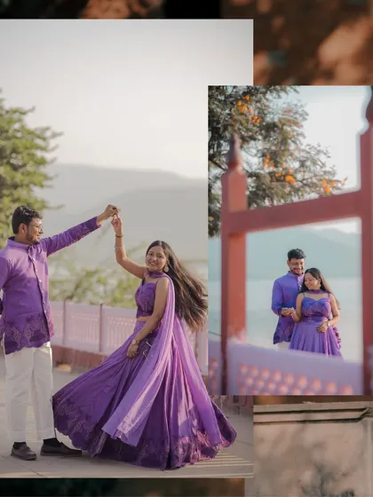 A vibrant and playful shot of a couple dancing by the lake, with a creative reflection in a mirror adding an artistic touch to their pre-wedding photo.