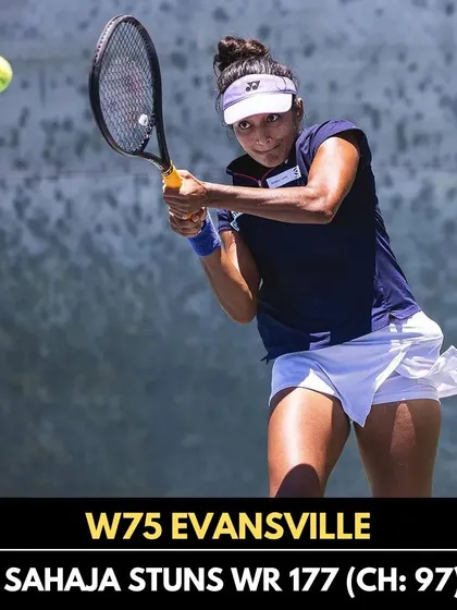 A significant victory for Sahaja Yamalapalli at the W75 Evansville event, where she stunned a higher-ranked opponent. This image captures her powerful forehand in action.