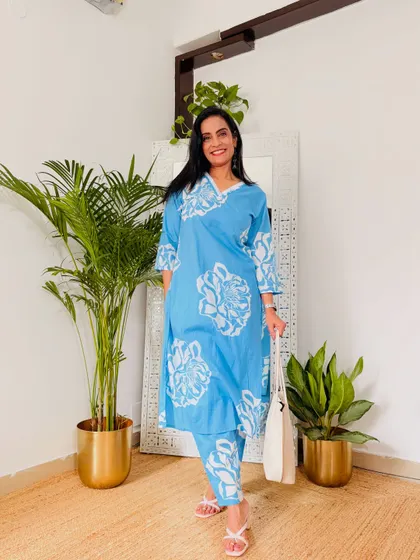 This sky blue printed kurta pant set is a lovely, soothing color for a hot day. The fabric is breathable cotton, making it very comfortable.
