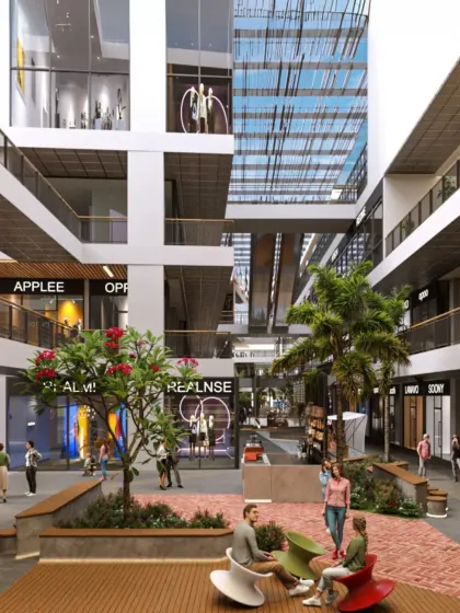 We reimagined the retail center at V'lante as a community hub. This interior view shows a social plaza with integrated seating and landscaping, creating a space for interaction and engagement beyond just shopping.