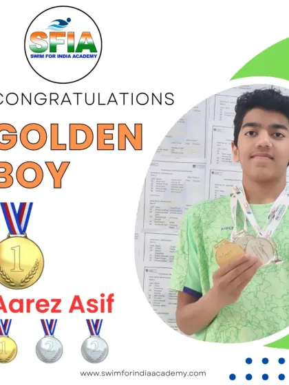 Aarez Asif with his first Gold of the season at the Prometheus swimming championship, where he also secured two Silver medals.