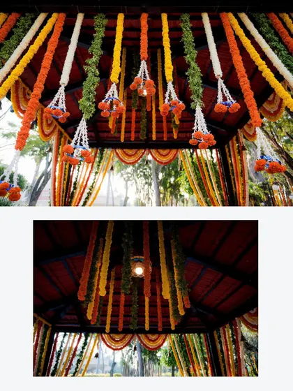 A collage of the colorful floral decorations hanging from the mandap, adding to the festive atmosphere of the wedding.
