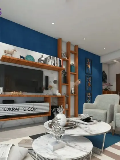 A bold blue accent wall serves as the backdrop for this ethnic-inspired TV unit. The display shelves are adorned with traditional artifacts, creating a culturally rich focal point.