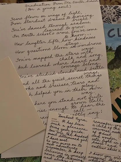 A handwritten poem and heartfelt notes for a graduate. These personal, handmade gifts are a testament to the deep, meaningful relationships that are formed within our school community.