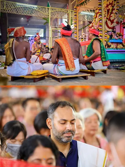 A collage from the Shat Chandi Homa during Navratri, showing priests performing the ritual and participants meditating. These homas are powerful ceremonies that invoke divine energy for peace and well-being.