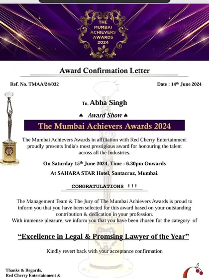 The official award confirmation letter for 'Excellence in Legal & Promising Lawyer of the Year' from The Mumbai Achievers Awards 2024. I am truly humbled by this honor.