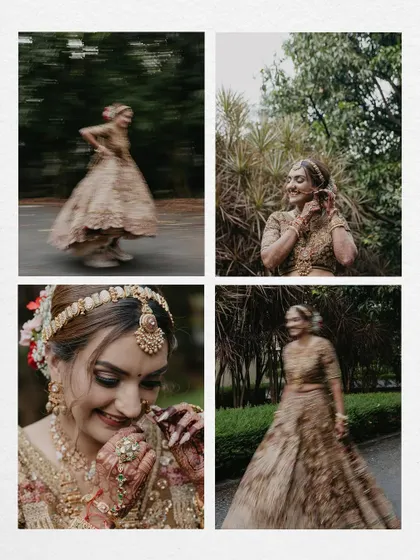 A collage of the bride, Akshita, featuring motion-blur shots and happy, candid moments, capturing her vibrant energy.