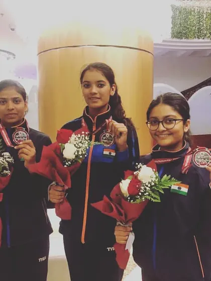 My student Aadya Tripathi with her team after winning a silver medal in the Shotgun event at the 14th Asian Championship in Doha.