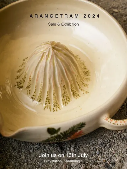 Ria, an artist inspired by nature, explores the botanical diversity of Kerala in her Arangetram collection. Her work features delicate flower paintings using underglaze on ivory clay, creating pieces that are filled with creativity and joy.