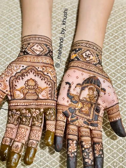 A clear, still image of the Attai Tapasya mehendi, showing the detailed artwork of the Kalash, Swastika, and a figure on an elephant, representing spiritual devotion.