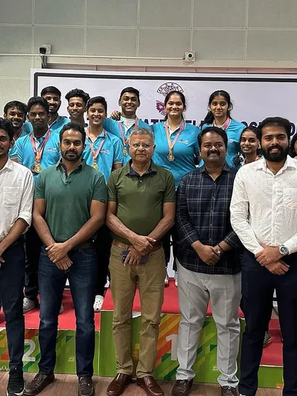 Our team of medal winners with coaches and officials at the Nagaraja Jagdale State Shooting Competition, celebrating a total of 34 medals.