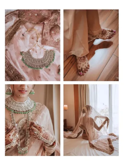 A collage of details from bride Namita's getting ready process, including her jewelry, henna-stained feet, and a shot of her under the veil.