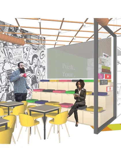 A concept render for the B-Hive 11 event space. This initial visualization shows our idea for the amphitheater-style seating and vibrant color scheme, which served as the blueprint for the final built space.