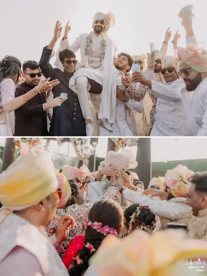 The groom's baraat is a time for celebration with friends and family, captured here with energy and excitement by the sea.