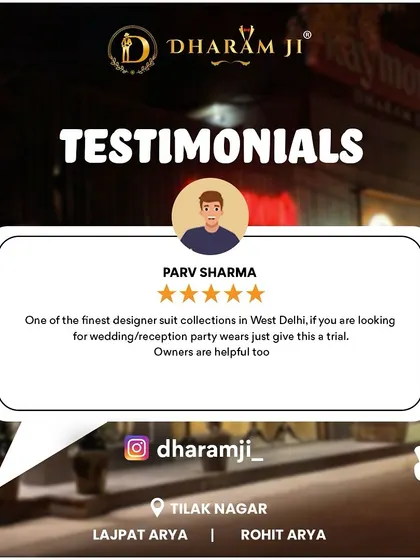 A testimonial from Parv Sharma, who calls our collection one of the finest in West Delhi for wedding and reception wear. I'm grateful for his kind words.