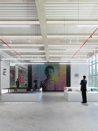 A view of the main hall in the 'ePositive' research center, conceived as a 'Creative Hall of Fame'. The open, gallery-like space with large windows and flexible displays is designed to inspire the scientists and researchers working on cutting-edge energy solutions.