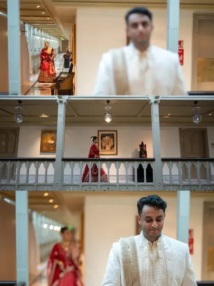 A creative collage showing the "first look" from multiple angles, building anticipation and capturing the groom's reaction.