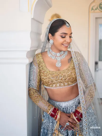 For the modern bride who dreams in metallics. Mishi's gold and silver lehenga was a statement, so we created a makeup look to match. Her skin is luminous, her eyes are softly defined, and the whole look feels contemporary yet timelessly bridal.