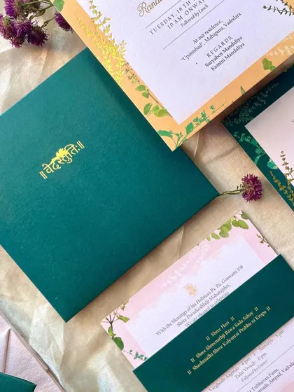 An elegant invitation suite for a Tulsi Vivaah ceremony. I paired a deep emerald green with chrome yellow and pink, using the sacred Tulsi plant as the central design theme, complemented by gold-foiled Devanagari script.