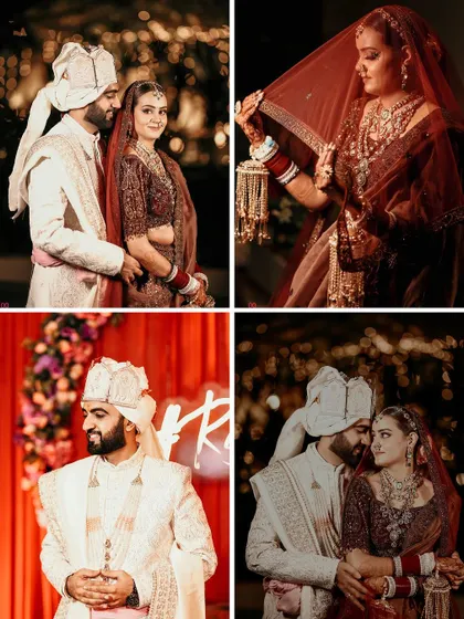 A collage of romantic wedding portraits, showcasing the couple's chemistry and the bride's stunning details, including her custom sneakers.