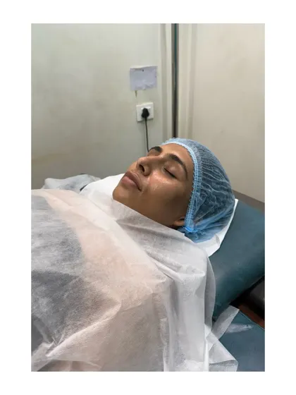 Twinkle Chourasia in a state of deep relaxation during her therapy session. The goal is to create a peaceful experience where the body and mind can truly let go.