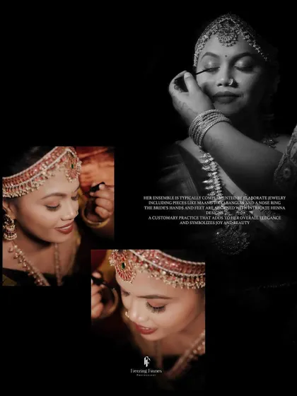 A dramatic black and white collage of the bride getting her makeup done, with a focus on her expressive eyes.