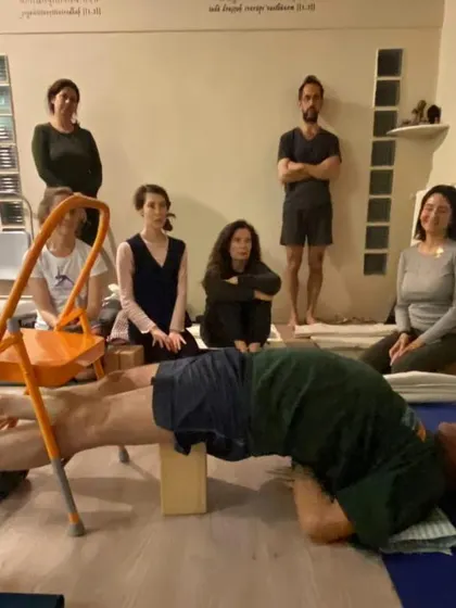 Additional images from my personal practice and teaching sessions, demonstrating a wide variety of asanas and the use of props. Each photo shows a moment of exploration in the journey of yoga.