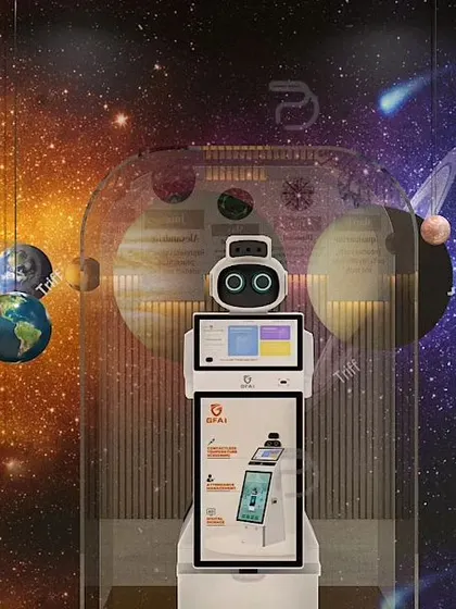 An interactive and futuristic concept for a GemLab showroom. This render showcases a unique educational display featuring a robotic guide and a solar system theme to make the customer experience more engaging and memorable.