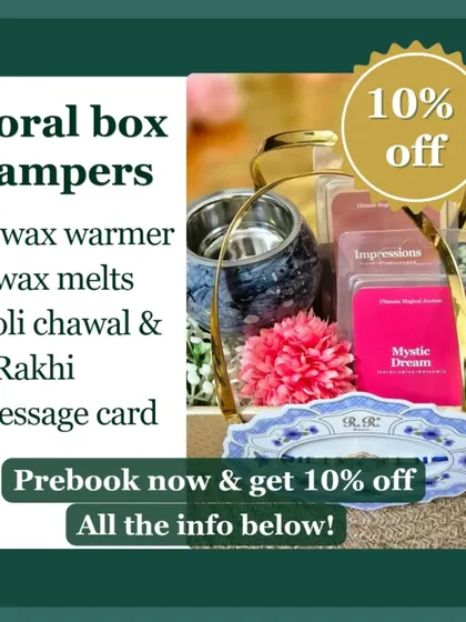 This graphic details what's inside my Floral Box Hamper. It includes a wax warmer, two wax melts, roli chawal, a Rakhi, and a customizable message card, with a special pre-booking discount.