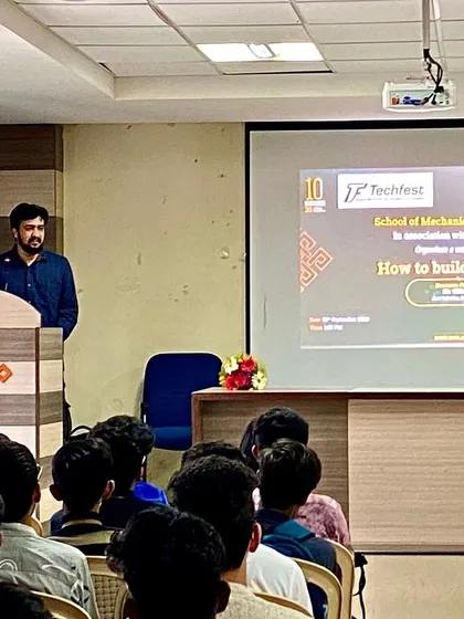 Our lead mentor delivering a presentation at Reva University, kicking off a workshop on the fundamentals of robot building.