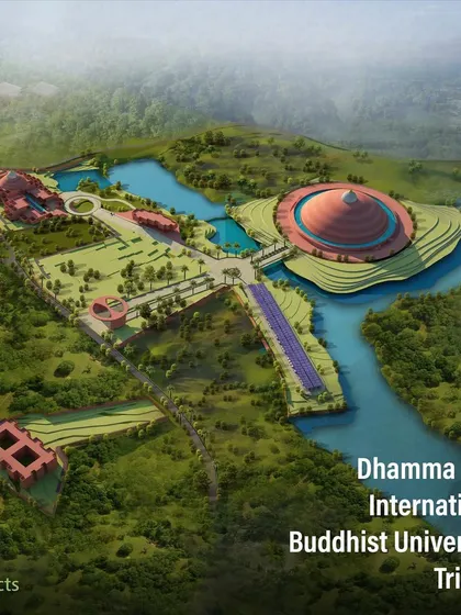 My master plan for the Dhamma Dipa International Buddhist University in Tripura, a 25-acre campus designed from a blank slate. The plan works with the site's natural contours to create a large lake, with the Dhamma Meditation Centre serving as a central, spiritual anchor for the entire development.