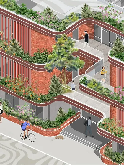 An isometric illustration of an administration and welfare block for an industrial estate. The design uses form, material, and structure to build a sense of community, with green, terraced walkways that encourage interaction.