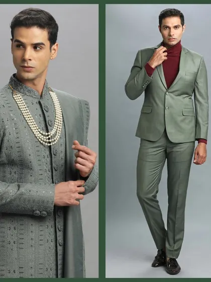 A pastel green sherwani and a light green suit. Perfect for daytime events and summer weddings.