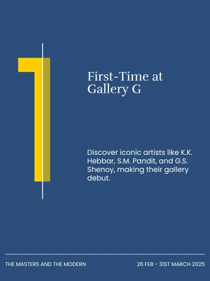 A graphic announcing the first-time debut of iconic artists like K.K. Hebbar, S.M. Pandit, and G.S. Shenoy at Gallery G as part of our exhibition.