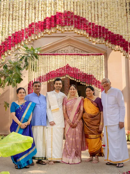 A beautiful family portrait from a South Indian wedding. I draped the bride in her pastel pink Kanjivaram and also assisted the mothers of the bride and groom, ensuring everyone looked coordinated and elegant.