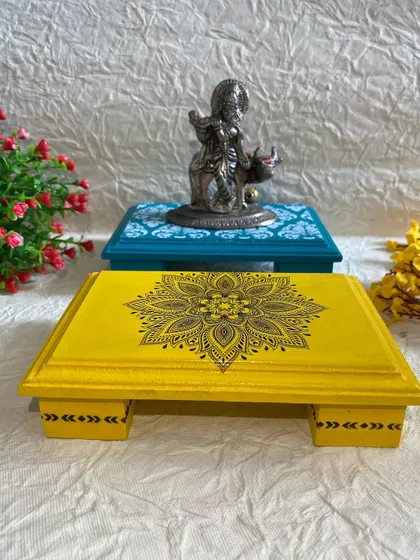 Two of my popular pooja chowki designs, one with a mandala and the other with a damask pattern, ready for your home temple.
