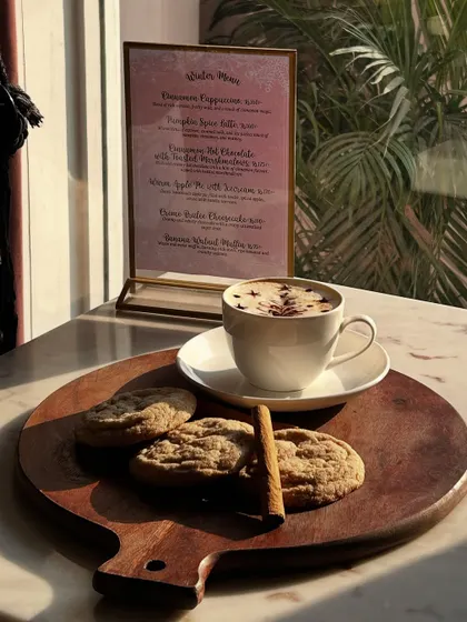 Cold days call for warm treats. Our winter menu features delicious cinnamon cookies and a cinnamon-dusted cappuccino, the perfect way to warm up.