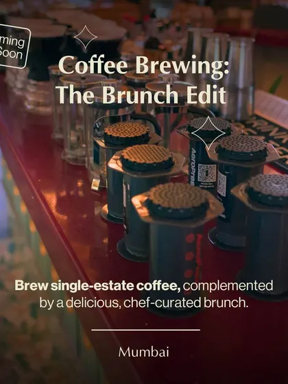 Coming soon to Mumbai, our Coffee Brewing: The Brunch Edit. This promotional image shows a lineup of AeroPress coffee makers, ready for a session where you'll brew single-estate coffee paired with a chef-curated brunch.