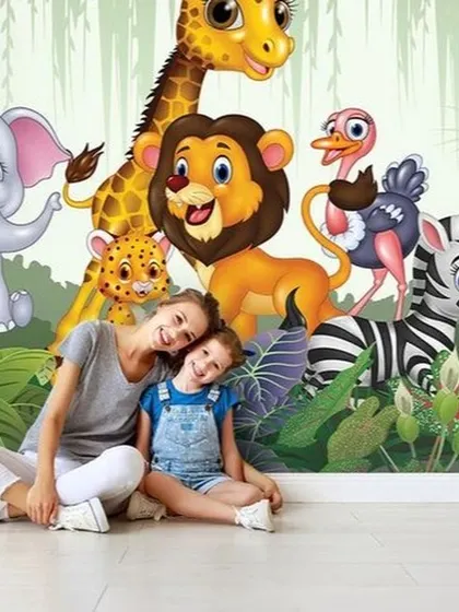 This photo shows a mother and child enjoying their new jungle animal wallpaper. Our designs are made to create happy memories and bring families together in a beautifully decorated space.
