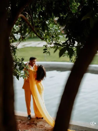 An artistic shot of the couple seen through the trees, creating a sense of a private, hidden moment of romance.