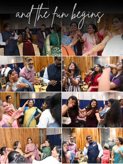 And the fun begins. This collage captures the vibrant energy of the dance floor, with guests of all ages joining in to celebrate with the happy couple.