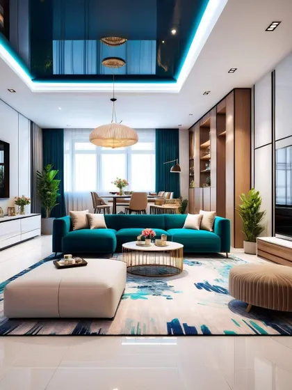 The same living room, showcasing the cohesive design that extends to the dining area in the background.