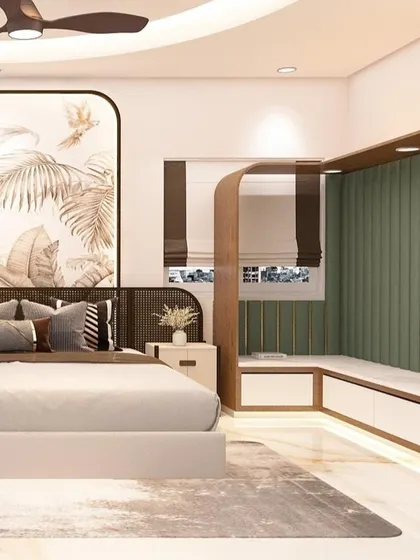 Made for perfect chocolate lovers. This bedroom combines rich brown and soothing green tones, with a beautiful nature-inspired mural behind the bed and a cozy window seat.