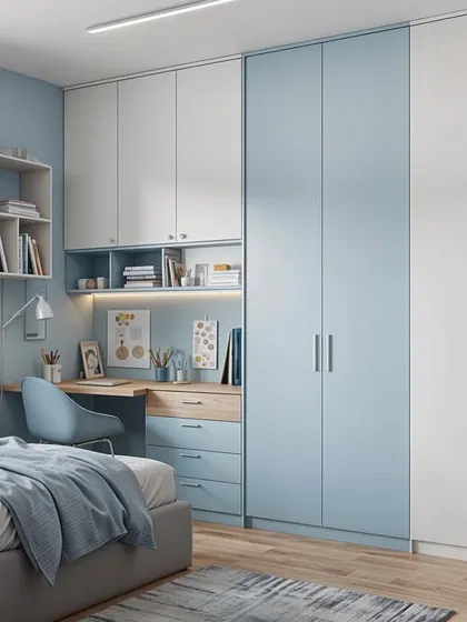 For the little dreamer, this "Blue Moon Wonder" concept features a wardrobe integrated with a study desk. The calming blue and white color scheme creates a peaceful environment for both play and rest, with plenty of storage to keep clutter at bay.